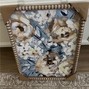New Framed Wooded Beaded Frame Floral Canvas Art Blue, beige, white